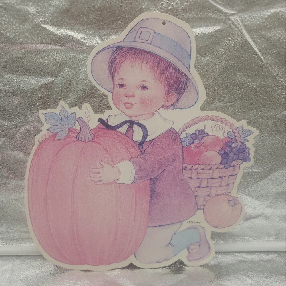Die Cut Thanksgiving 2 Pilgrim Children VINTAGE Hanging Decoration Amscan 70s